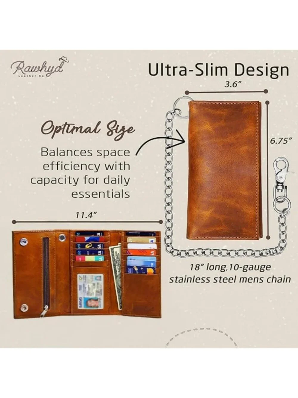 Men's Full Grain Leather Biker Wallet with Chain, Zipper Pocket & Card Slots